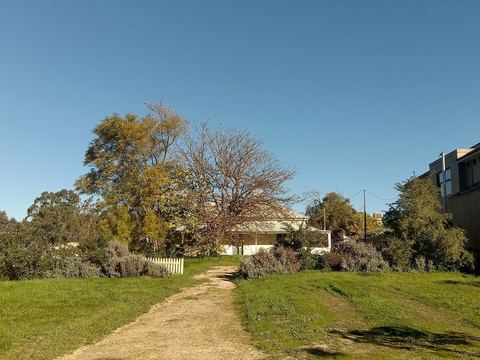 A weatherboard farm building standing in dry open paddock