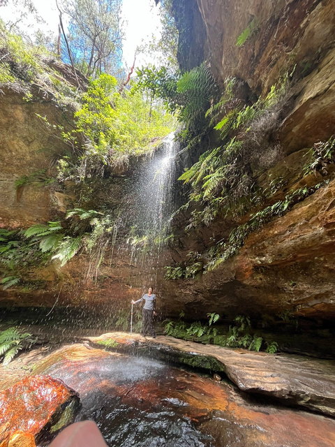 A walker behind a thin waterfall in a fern-lined sandstone gully