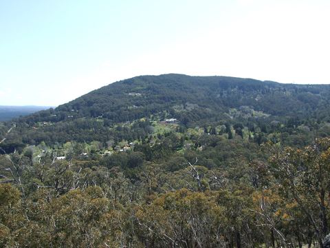 A green, wooded mountain rising above open farmland